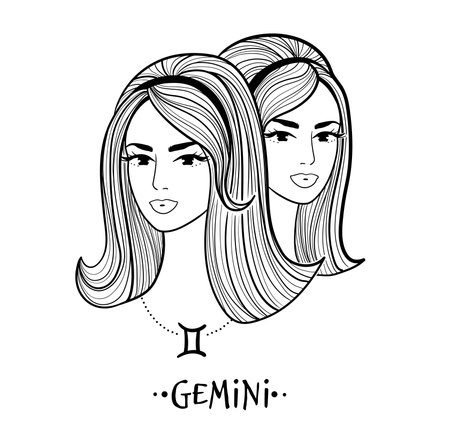 Gemini zodiac sign line art female face portraitのイラスト素材