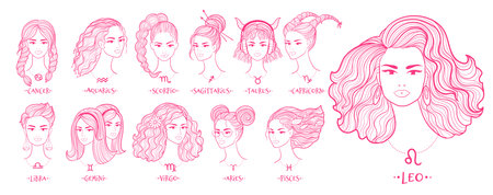 Zodiac signs line art girls in pink colorsのイラスト素材