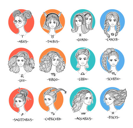 zodiac signs line art girls portraitsのイラスト素材