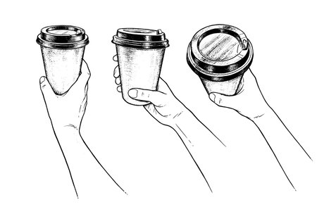 Hands holding paper coffee takeaway cupのイラスト素材