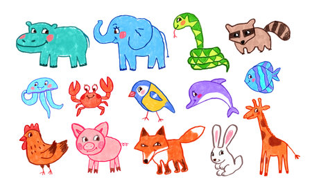 Set of child drawings of cute animalsのイラスト素材