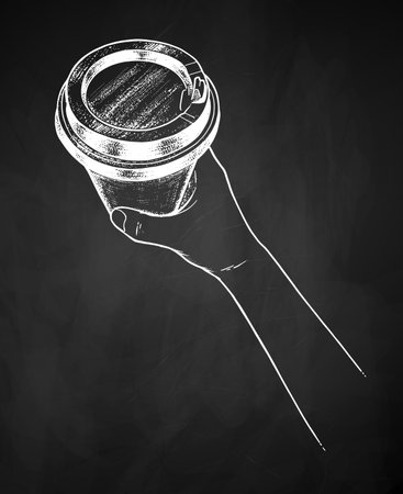 Chalkboard drawing of hand holding coffee cupのイラスト素材