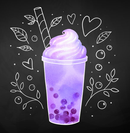 Purple Bubble Tea with chalk drawn doodlesのイラスト素材