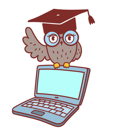Cute owl character sitting on laptopのイラスト素材