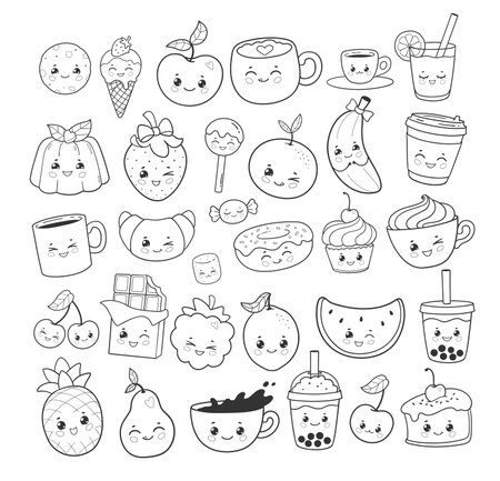 Black and white cute food and drinks setのイラスト素材