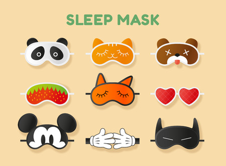 Sleeping masks set. Face of animals, heart, fruit and hands. Color vector illustrationのイラスト素材