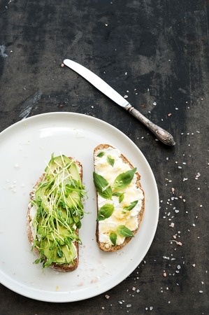 Avocado, ricotta, basil and sprout sandwiches on white ceramic plate over dark grunge backdrop, top view, copy spaceの写真素材