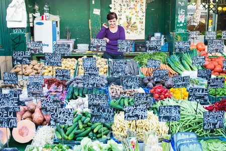 Vienna, Austria - September 20, 2014: Vendor's stall selling fruit and vegetables at the Naschmarkt in Vienna, Austriaのeditorial素材
