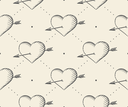 Old ribbon with message I love you, heart and arrow in vintage style engraving on a beige background. Greeting card for Valentine's Day. Hand drawn. Vector illustrationのイラスト素材