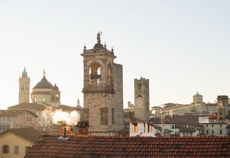 View over Citta Alta or Old Town buildings in the ancient city of Bergamo, Lombardia, Italy on a...