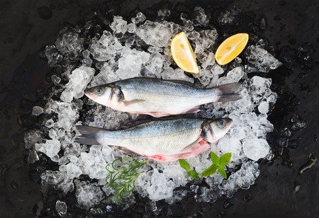 Raw seabass with lemon and rosemary on chipped ice over dark stone backdrop, top view, horizontalの写真素材
