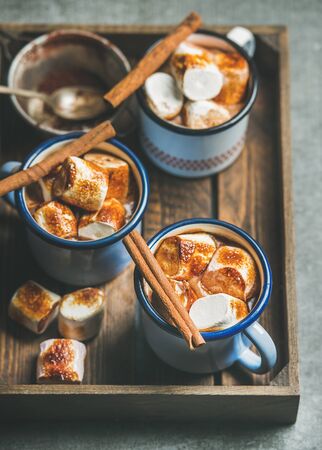 Hot chocolate in enamel mugs with cinnamon and roasted marshmallows in wooden tray over grey background, selective focusの写真素材