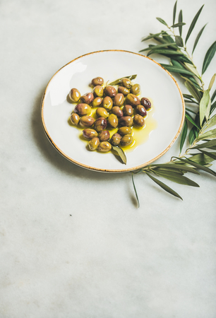 Pickled green Mediterranean olives in virgin olive oil on white ceramic plate and olive tree branch over grey marble background, selective focus, copy space, vertical compositionの写真素材
