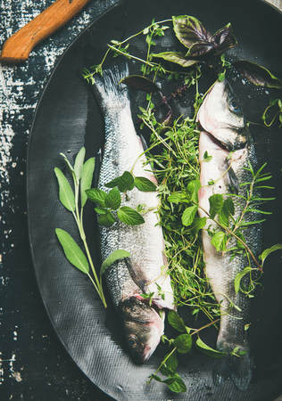 Cooking fish dinner. Flat-lay of raw uncooked sea bass fish with fresh green herbs on dark plate over rustic wooden painted background, top view. Helathy, clean eating, dieting food conceptの写真素材