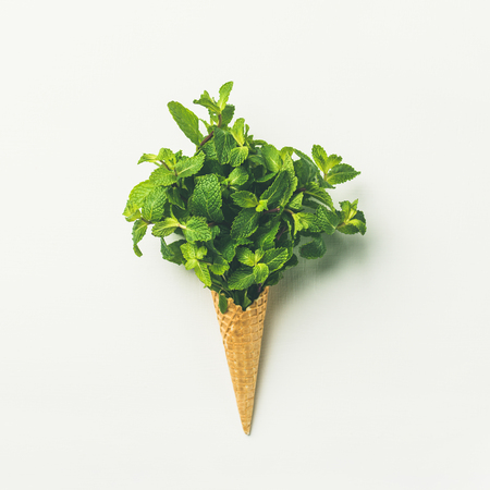 Flat-lay of sweet waffle ice-cream cone with bunch of fresh green mint over white background, top view, square crop. Spring or summer mood conceptの写真素材
