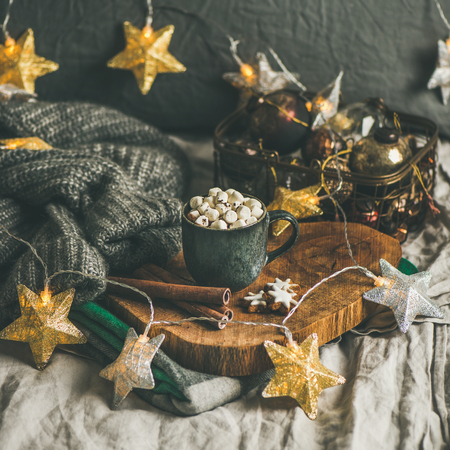 Christmas or New Year winter hot chocolate with marshmallows, cookies and cinnamon sticks over wooden board served with holiday light garland and grey sweater, selective focus, copy space, square cropの写真素材