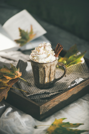 Autumn or Winter hot chocolate or coffee with whipped cream and cinnamon in rustic mug on wooden tray in bed, dark wall at background. Fall warming sweet drinkの写真素材