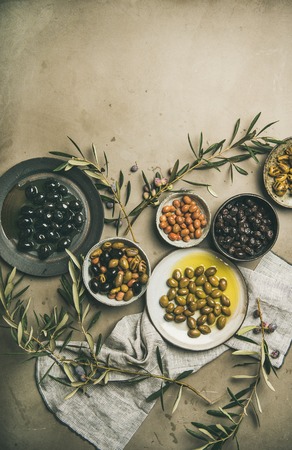 Flat-lay of various kinds of Mediterranean pickled olives in plates and olive tree branches over grey concrete table background, top view, copy space. Mediterranean meze appetizerの写真素材