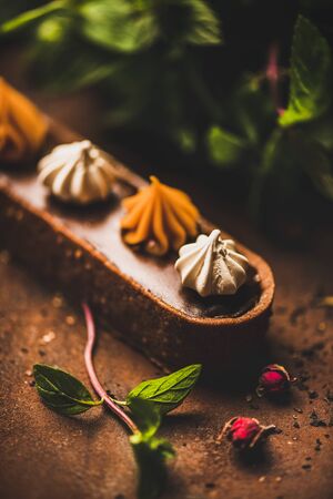 Contemporary dessert. Belgian chocolate, Swiss merenge and caramel tart with fresh mint leaves over rusty dark background, close-up. Cafe or modern patisserie conceptの写真素材