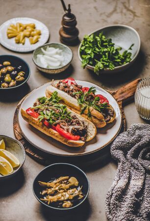 Turkish meat sandwich tantuni for lunch. Tantuni sandwich with beef, onion, spices, fresh tomato and parsley in bread with olives and Ayran dairy drink. Turkish cuisine appetizer, street foodの写真素材