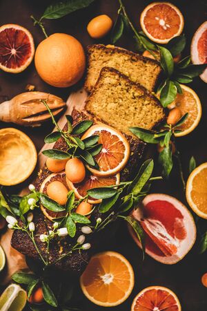 Citrus Mediterranean loaf cake over dark rustyの写真素材