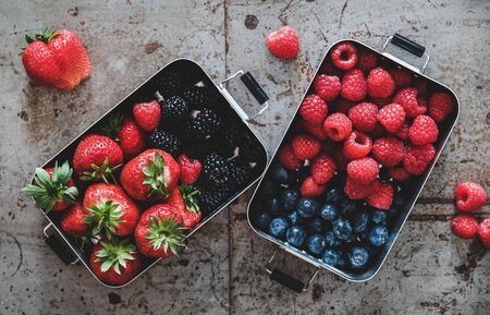 Flat-lay of fresh seasonal strawberries, raspberries, blueberries and blackberries in lunchboxes on  greyの写真素材