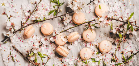 Food texture, wallpaper and background. Flat-lay of sweet macaron cookies and spring blossom flowers over white marble background, top view, wide compositionの写真素材