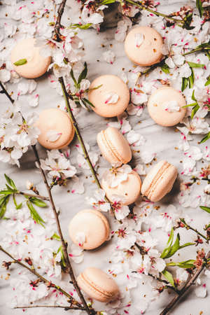 Food texture, wallpaper and background. Flat-lay of sweet macaron cookies and spring blossom flowers and branches over white marble background, top viewの写真素材