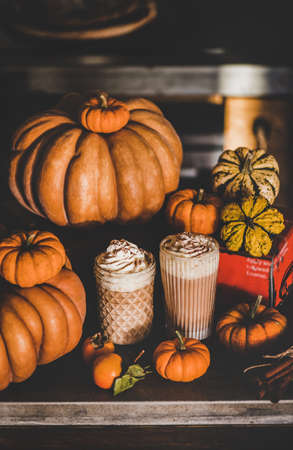 Pumpkin spice latte coffee drink topped with whipped cream and cinnamon in tall glasses among fresh pumpkins and persimmons over kitchen counter. Seasonal Autumn hot warming sweet drinkの写真素材