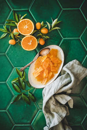 Turkish local dessert of Alanya region. Flat-lay of thin slice pumpkin dessert in sugar syrup and...