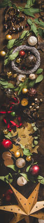 Christmas, New Year holiday layout background, texture, wallpaper. Flat-lay of decorative fur tree...