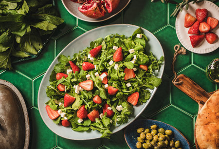 Turkish Mediterranean dinner table setting. Flat-lay of arugula, cheese and strawberry salad, fresh flatbread and olives over green tiled table background, top view. Turkish regional Aegean cuisineの写真素材