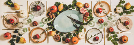 Autumn Thanksgiving, Friendsgiving, family gathering dinner table setting. Flat-lay of Fall table...