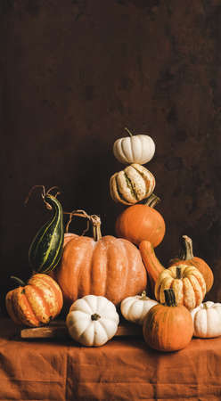 Pumpkins for Halloween or Thanksgiving Day Autumn holiday decoration. Colorful pumpkins of different shapes and size in pyramid composition, dark rusty wall at background. Seasonal Fall foodの写真素材