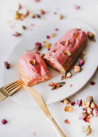 Rose eclair dessert with dried rose petals on white oval plate with golden cutlery over white marble background, selective focus. Artisan homemade desserts conceptの写真素材