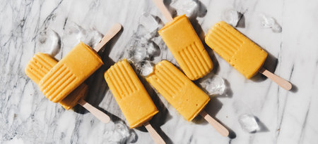 Mango smoothie vegan ice cream . Flat-lay of mango fruit over grey marble background under sunlight, top view, wide composition. Summer healthy dessert, dairy free food conceptの写真素材