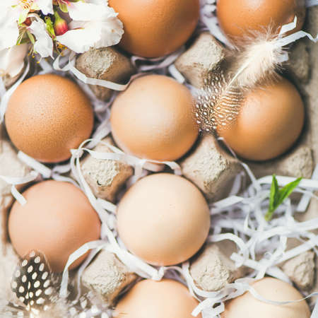 Easter holiday background. Flat-lay of natural colored eggs in box, tender almond blossom flower and feather over, top view, close-up, square crop. Greeting card conceptの写真素材
