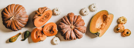 Fall or winter vegan cooking layout. Flat-lay of whole and cut pumpkins of different sizes and colors over white plain background, top view. Vegan, vegetarian food, alkaline diet, clean eatingの写真素材