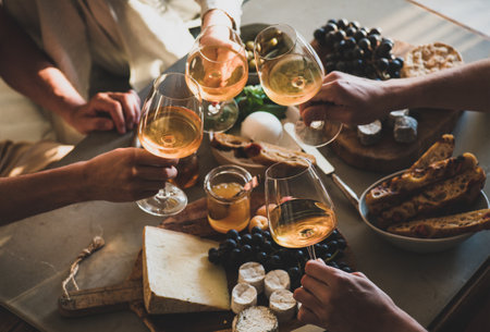 People holding glasses with orange or rose wine over snacks