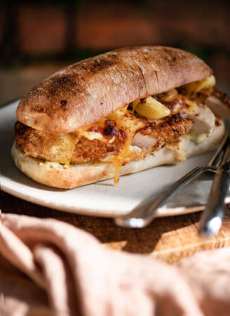Crispy Panko chicken sandwich with cheese on plateの写真素材