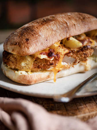 Crispy Panko chicken sandwich with cheese sauce on plate