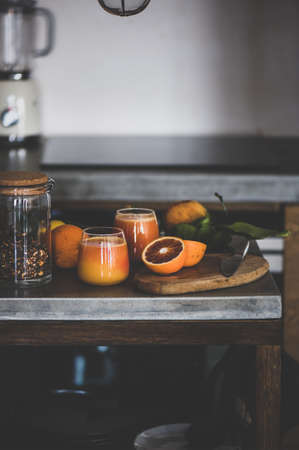 Glasses of freshly squeezed blood orange juice or smoothieの写真素材