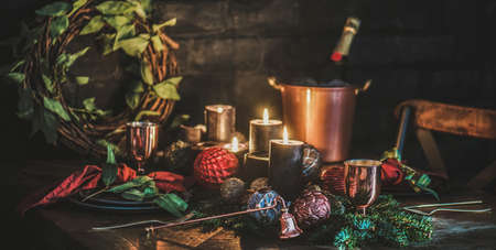 Christmas holiday festive table setting with champagne, wide compositionの写真素材