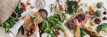 Fall vegetable vegetarian cooking background with greens and fruitsの写真素材