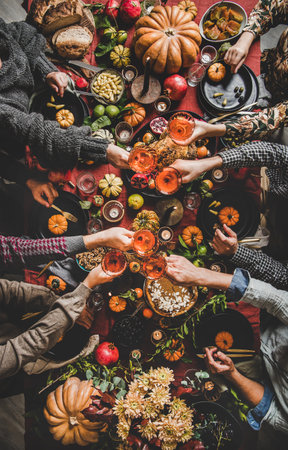 Family or friends celebrating Thanksgiving day clinking glasses with champagneの写真素材