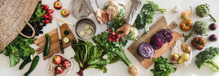 Female hands cutting ingredients for cooking over table with vegetables
