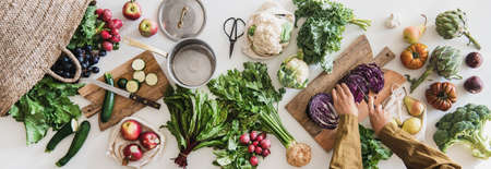 Female cutting fresh vegan ingredient for healthy cookingの写真素材