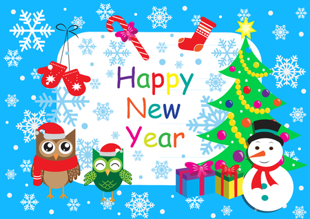 Happy new year greeting card, template, banner with owls, snowman, christmas tree and snowflakes. Vector illustration.のイラスト素材