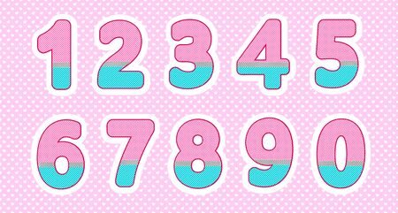 Set of numbers in doll style. Baby design. Bright pink, blue colors. Polka dot patternのイラスト素材