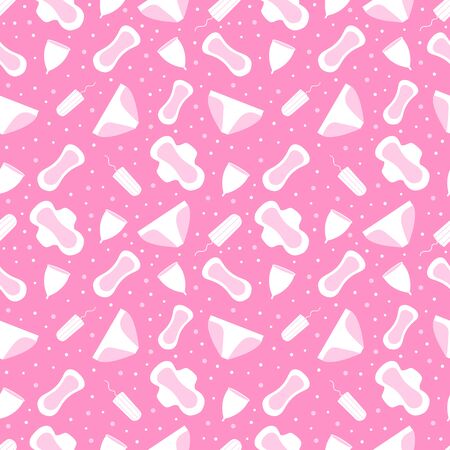 Period party seamless pattern with female hygiene products. Tampons, pads, panties and menstrual cup.の写真素材